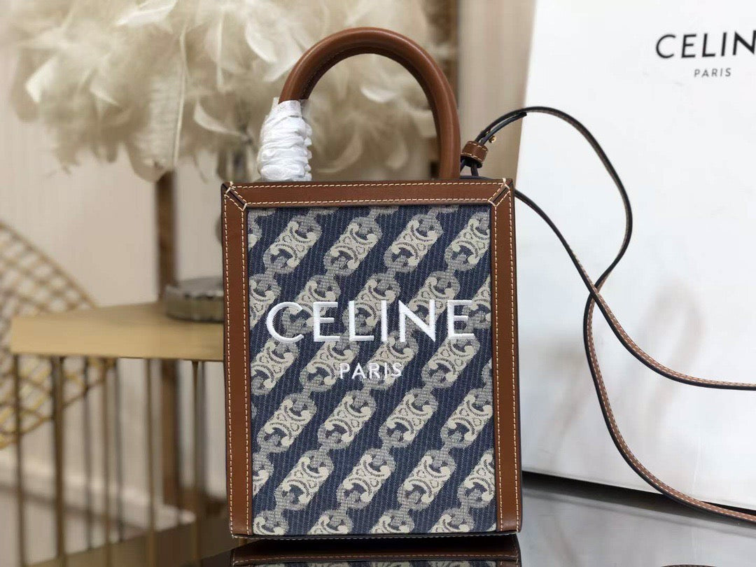 Celine Denim Arc De Triomphe Blue Jacquard Mini Tote With Celine Logo