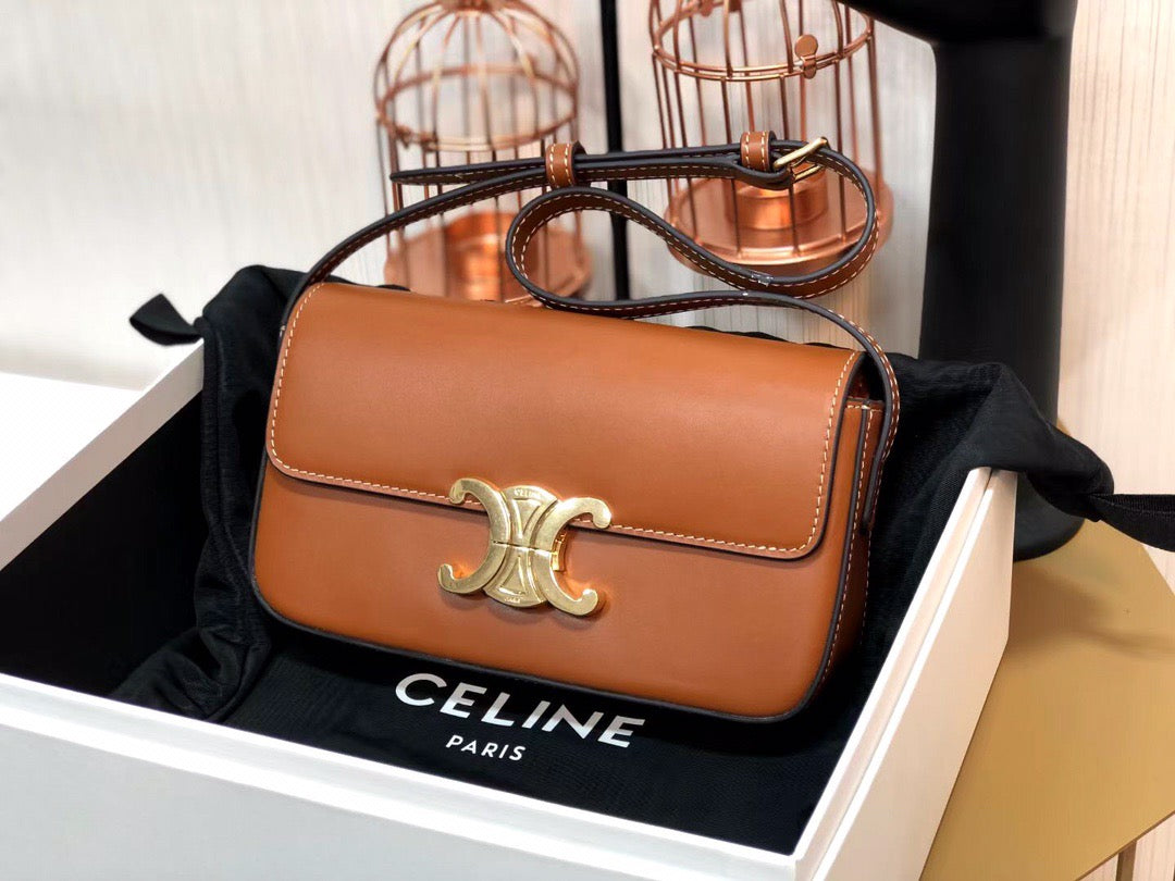 Celine Claude Shoulder Bag in Gold Brown Calfskin