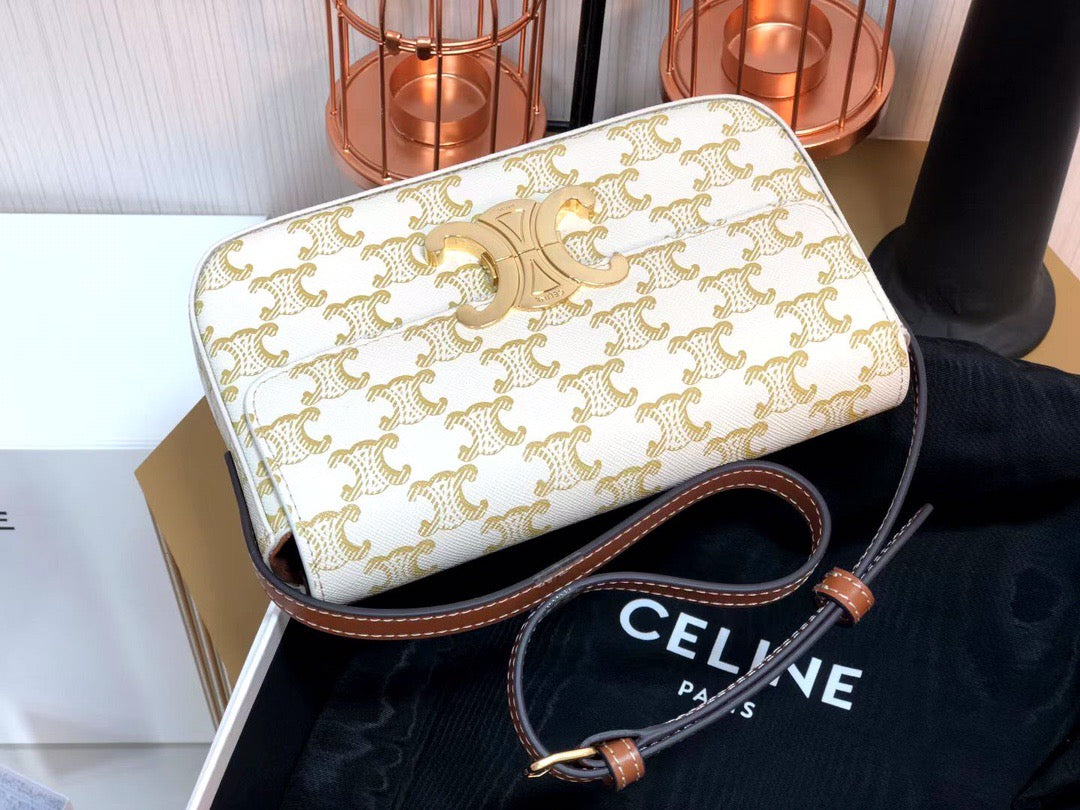 Celine Triomphe Shoulder Bag In White Triomphe Canvas And Calfksin