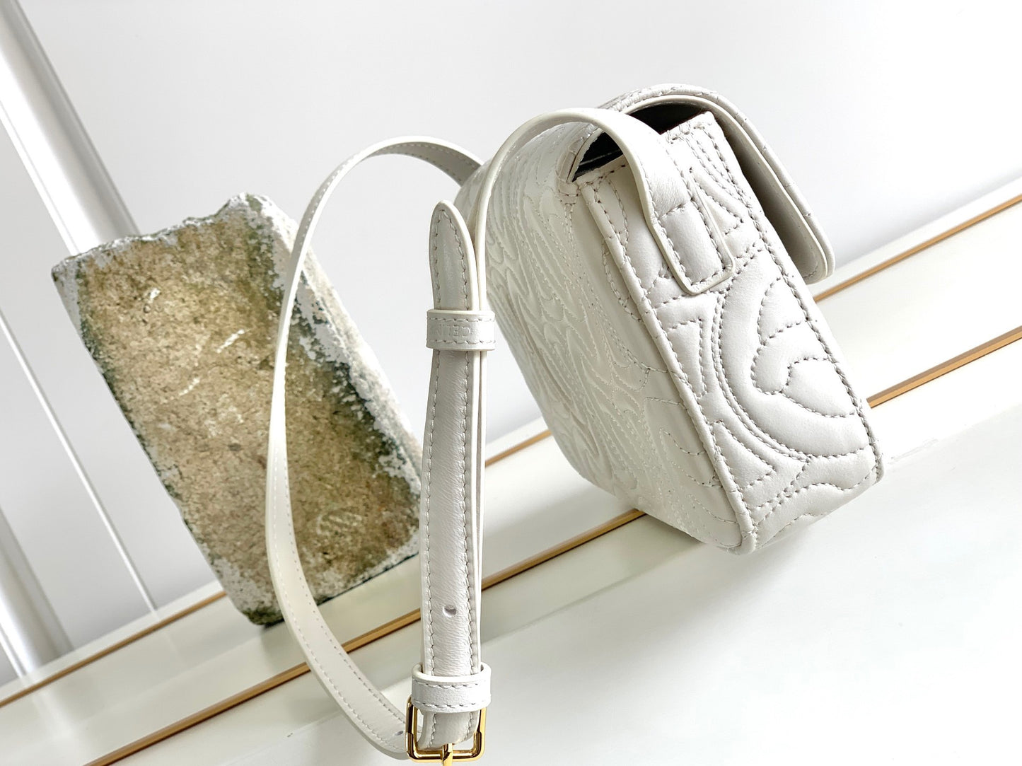 Celine Triomphe Shoulder Bag In White Triomphe Canvas And Calfksin