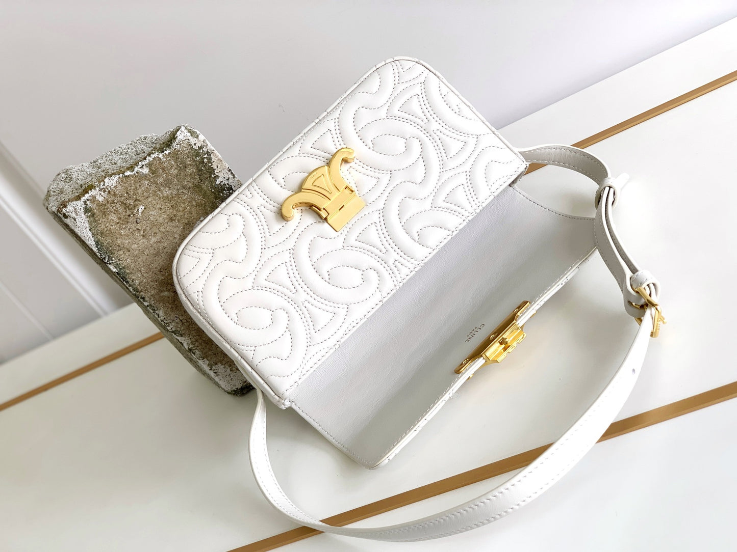 Celine Triomphe Shoulder Bag In White Triomphe Canvas And Calfksin