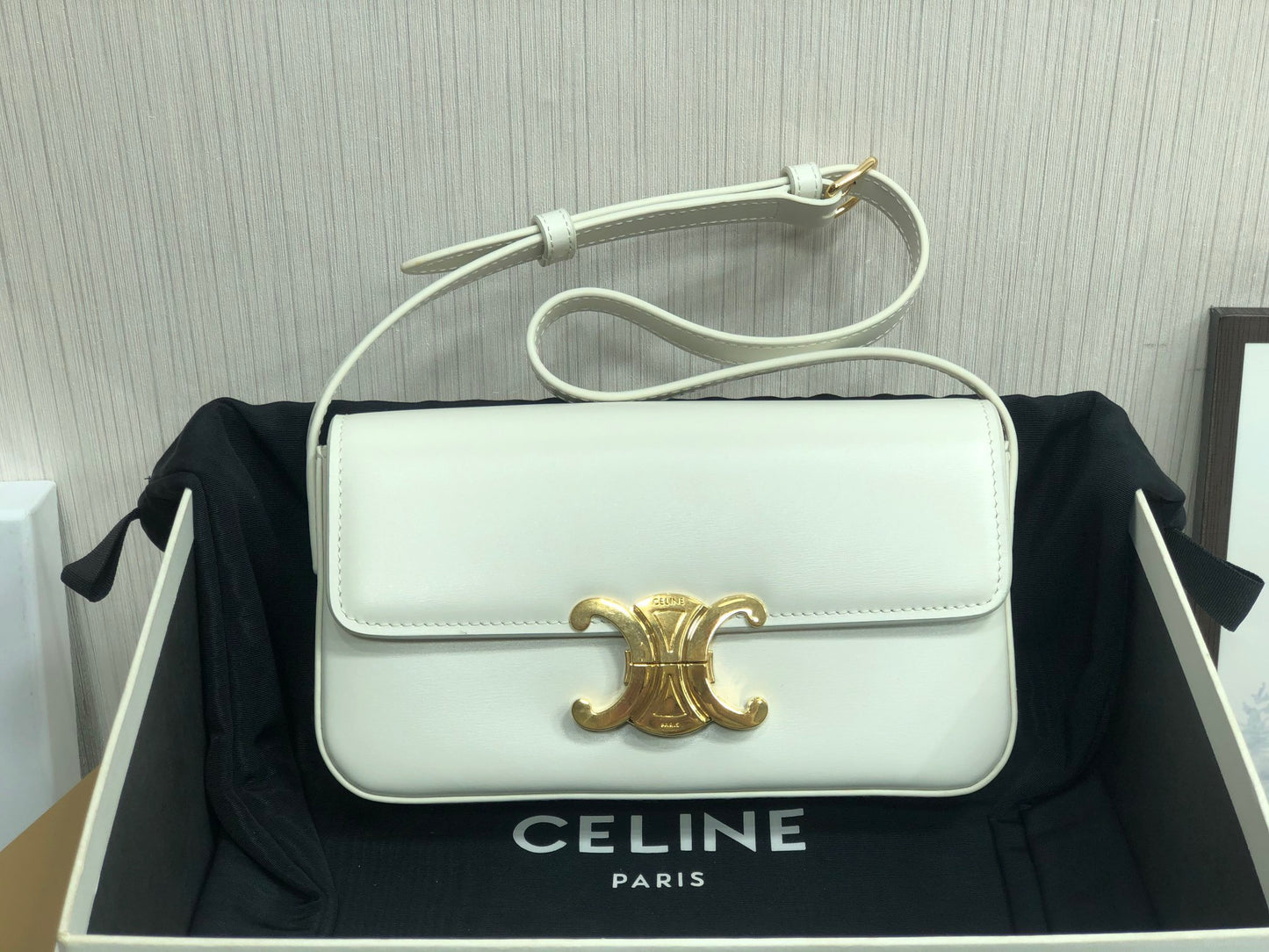 Celine Claude Shoulder Bag in White Calfskin