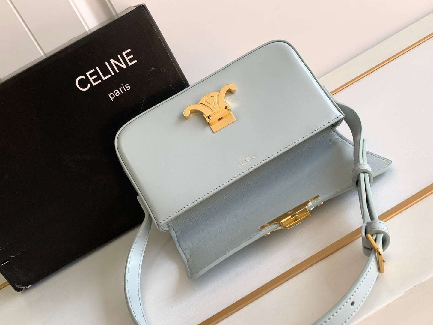 Celine Claude Shoulder Bag in Light Blue Calfskin