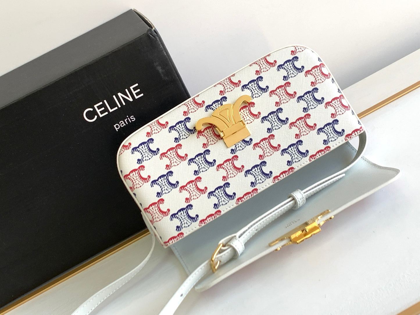 Celine Triomphe Shoulder Bag In Triomphe Canvas And Calfksin