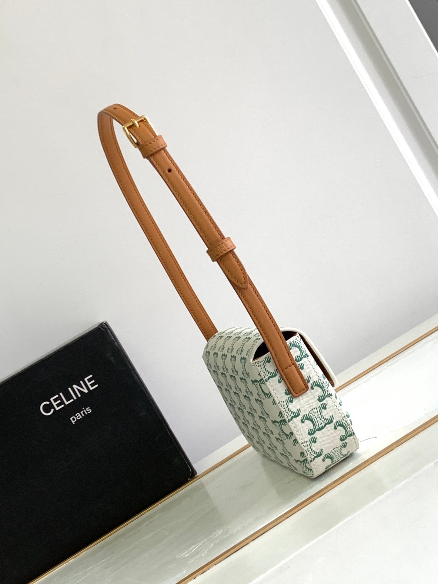 Celine Triomphe Green Vintage Pattern Canvas And Calfskin Shoulder Bag