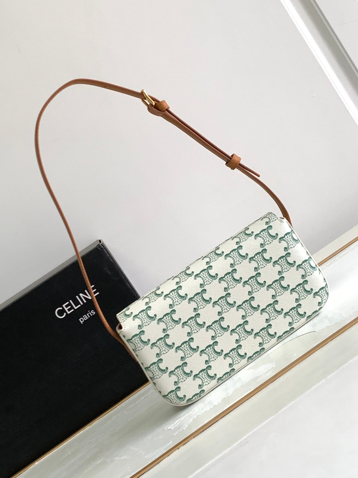 Celine Triomphe Green Vintage Pattern Canvas And Calfskin Shoulder Bag