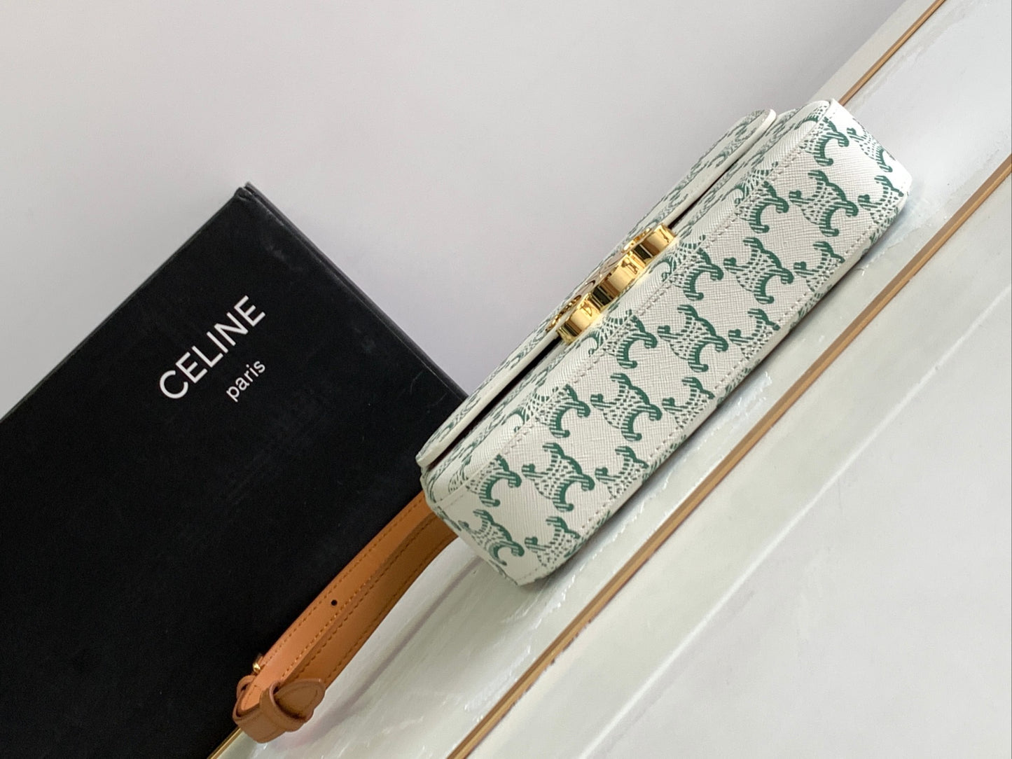 Celine Triomphe Green Vintage Pattern Canvas And Calfskin Shoulder Bag