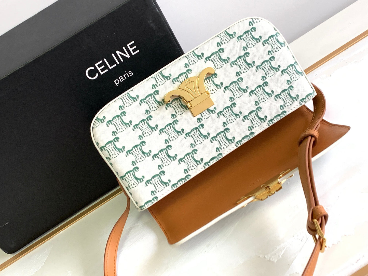 Celine Triomphe Green Vintage Pattern Canvas And Calfskin Shoulder Bag