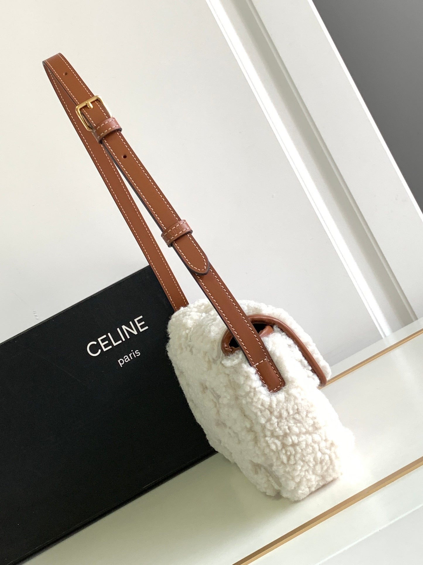 Celine Arc De Triomphe White Lambswool Shoulder Bag