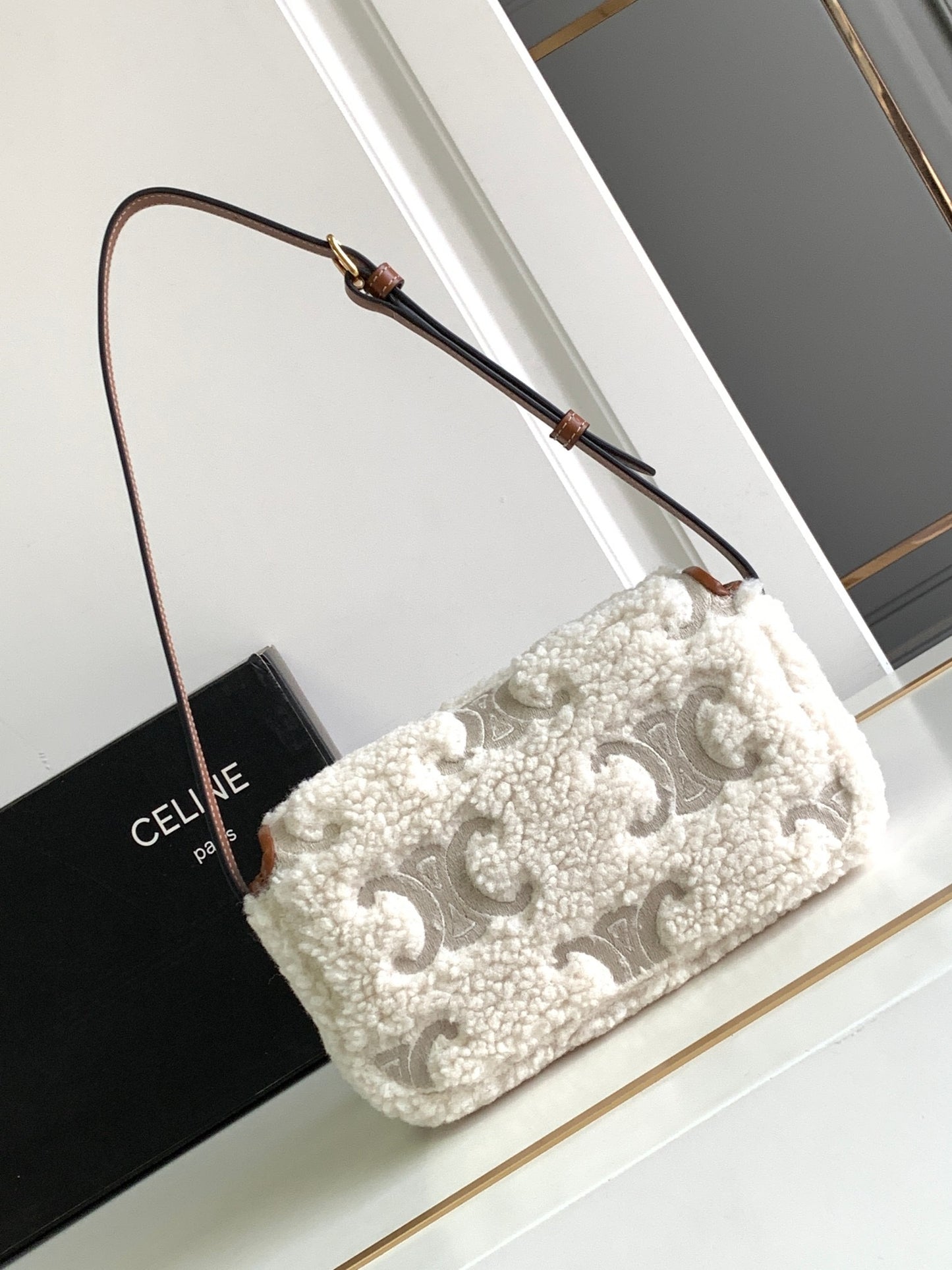 Celine Arc De Triomphe White Lambswool Shoulder Bag