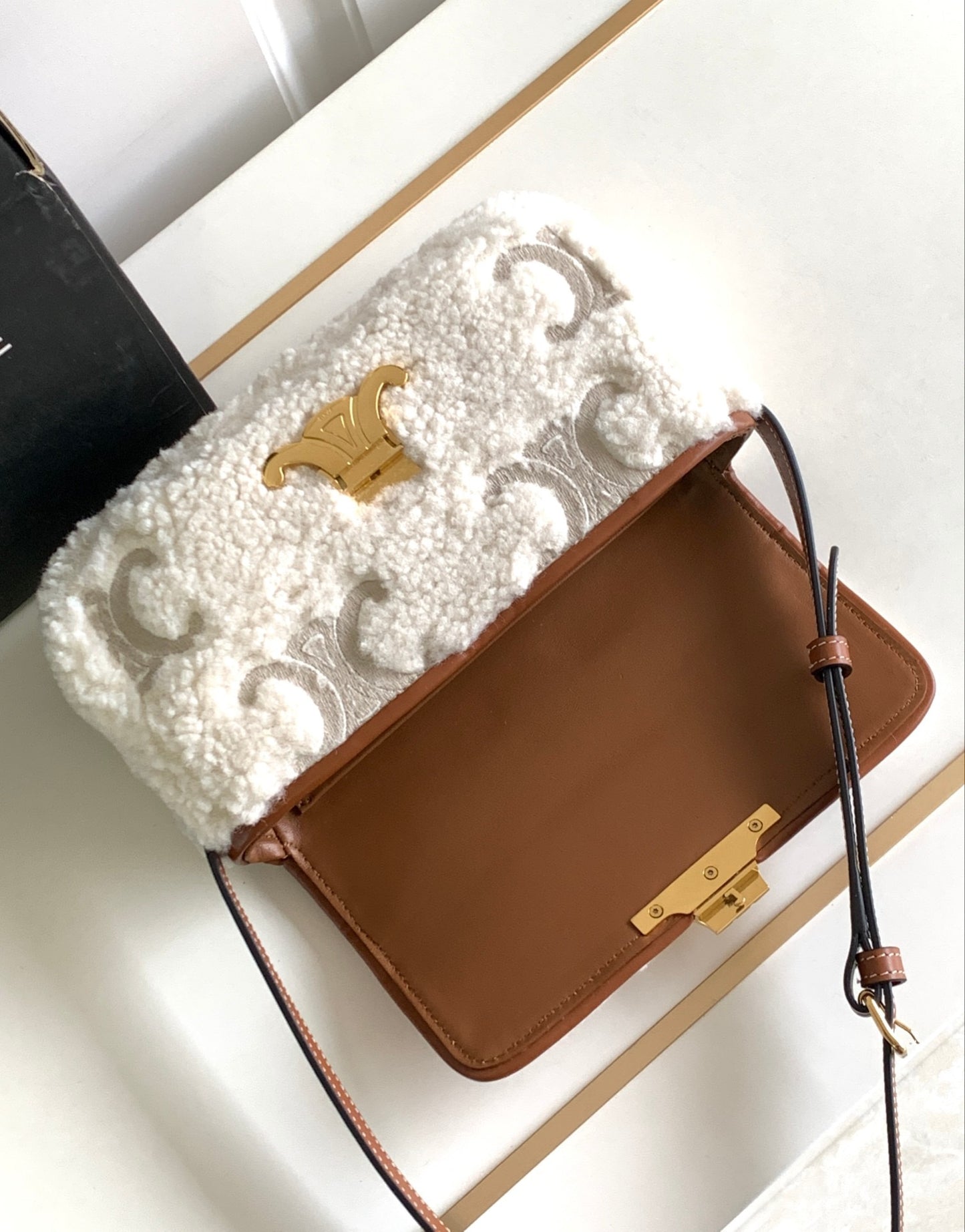 Celine Arc De Triomphe White Lambswool Shoulder Bag