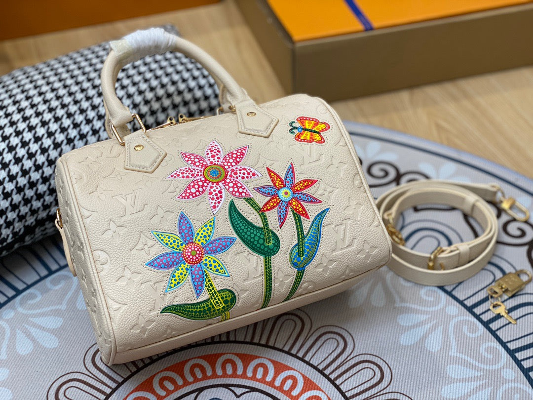 LV Speedy 25 In White Flower Full Leather Series