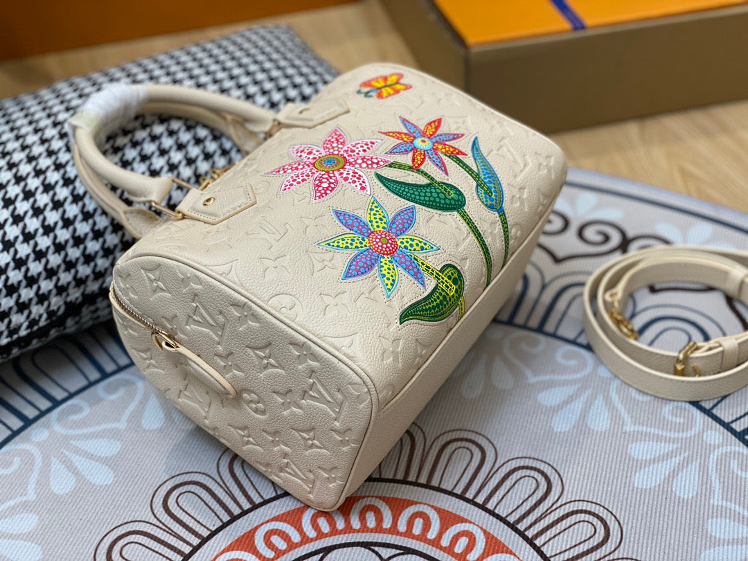 LV Speedy 25 In White Flower Full Leather Series