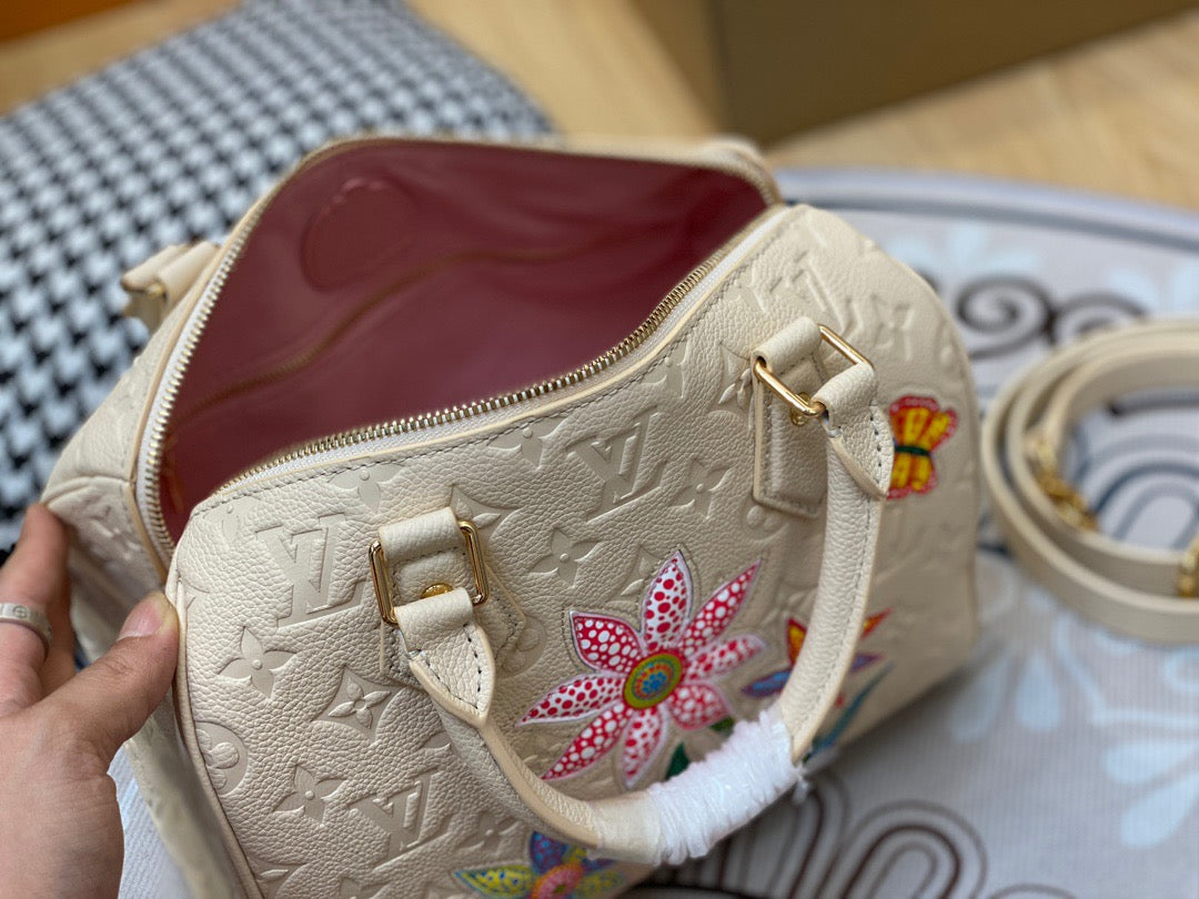 LV Speedy 25 In White Flower Full Leather Series