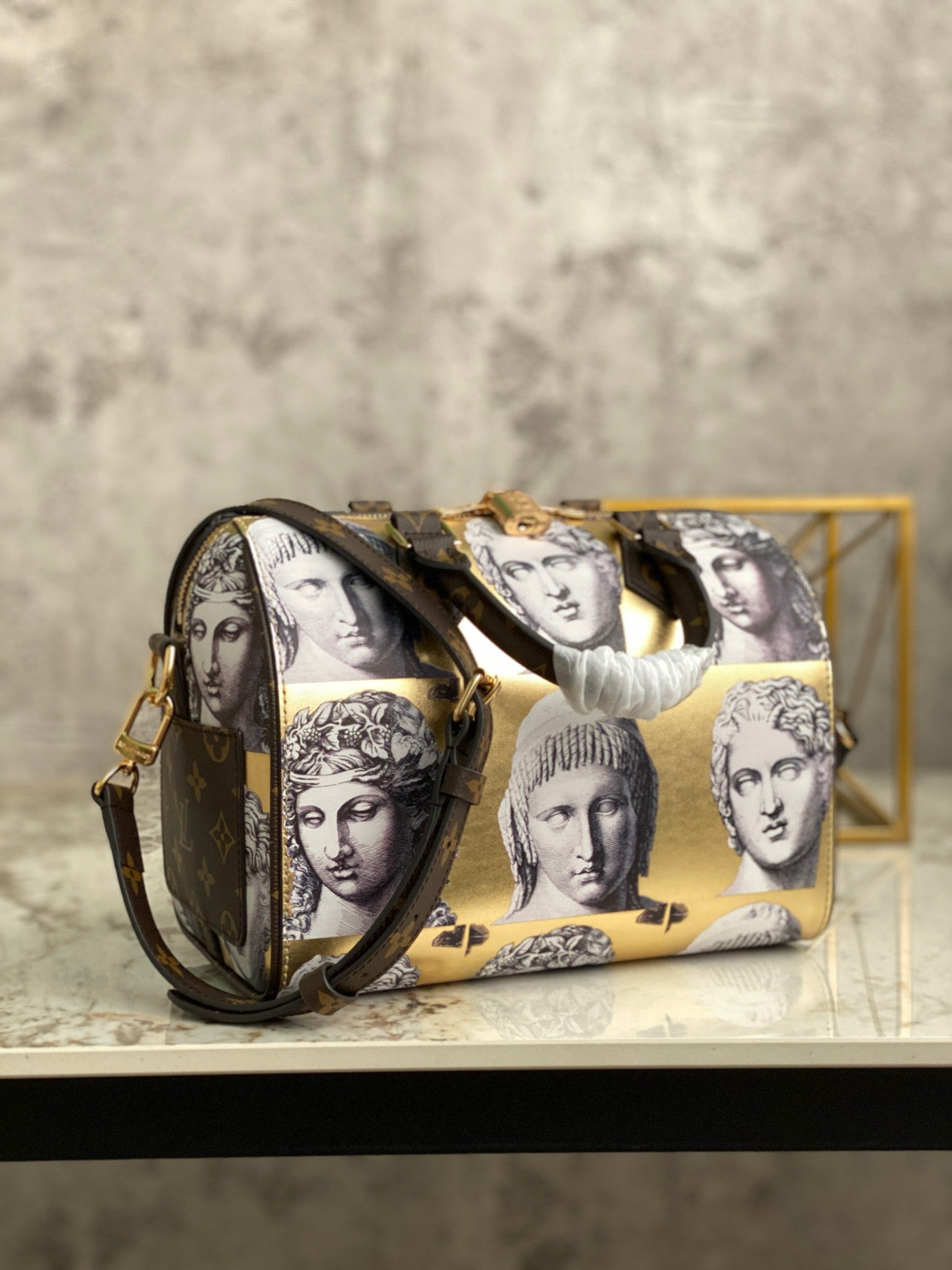 LV Speedy 25 In Gold Printed Statue Series