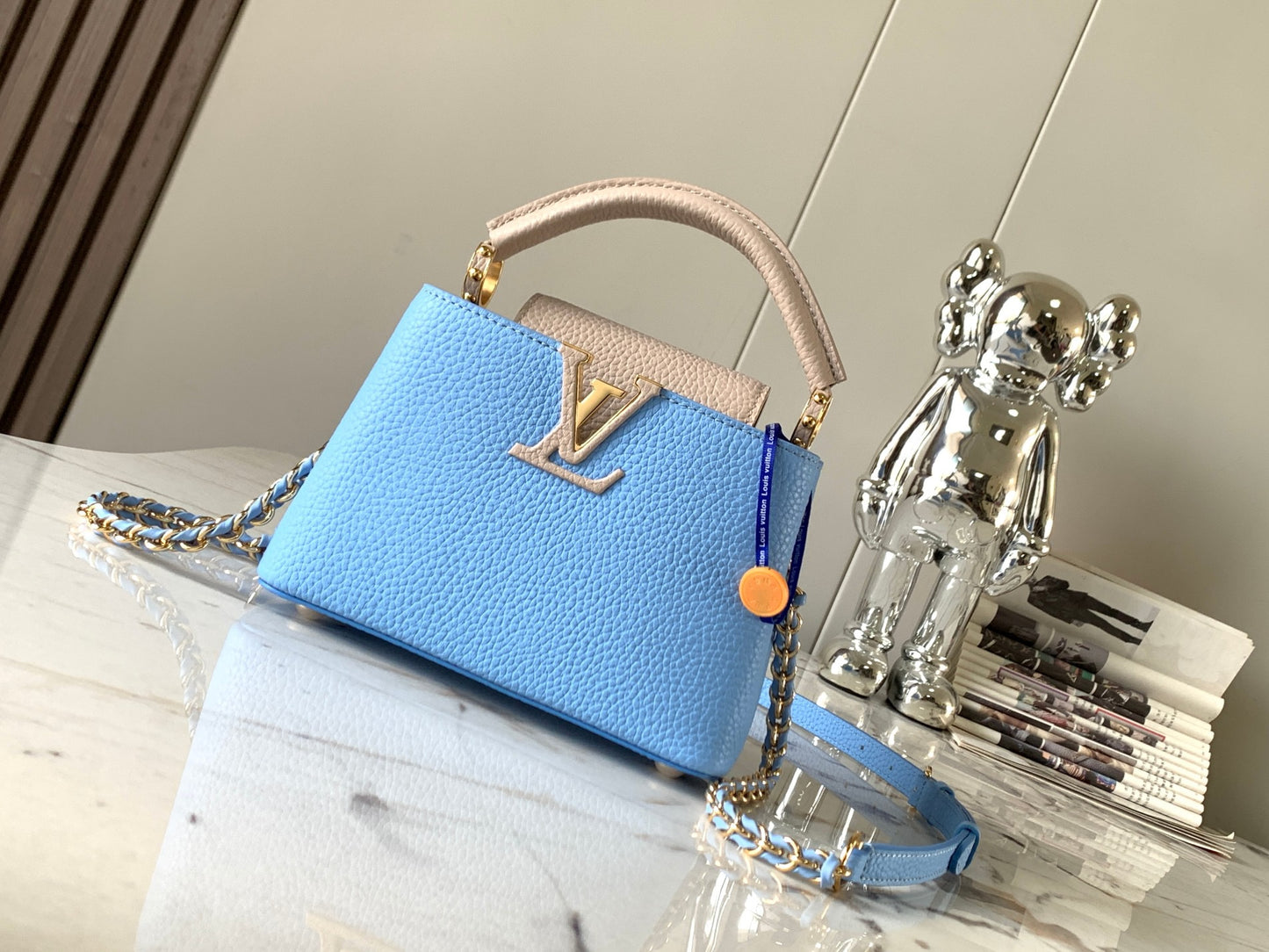 Louis Vuitton Capucines Mini  Bag In Blue With Beige Handle