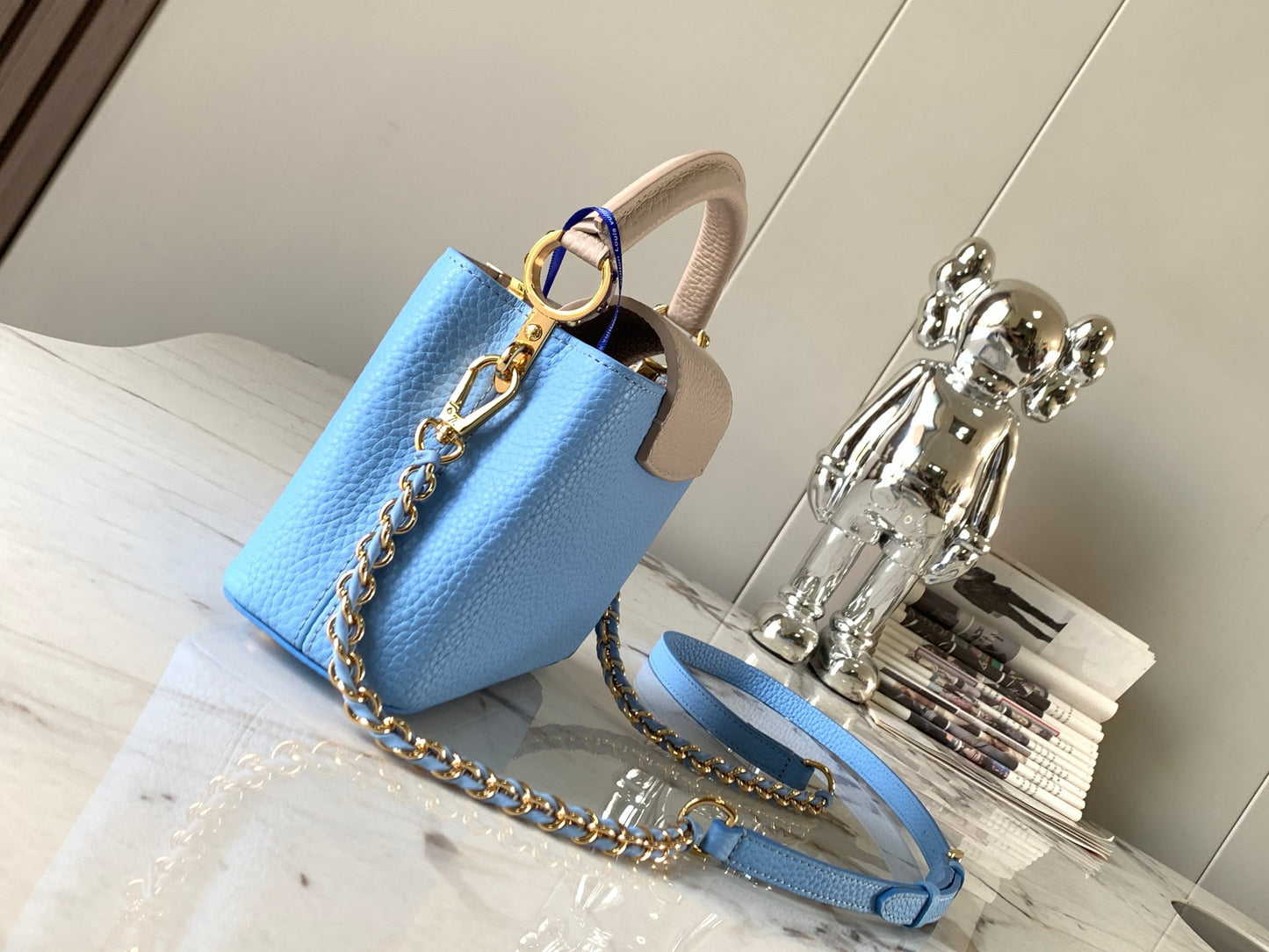 Louis Vuitton Capucines Mini  Bag In Blue With Beige Handle