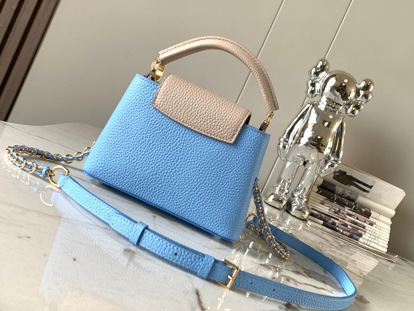 Louis Vuitton Capucines Mini  Bag In Blue With Beige Handle