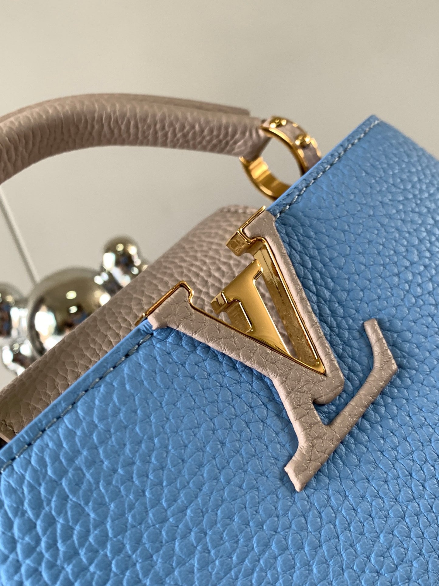 Louis Vuitton Capucines Mini  Bag In Blue With Beige Handle