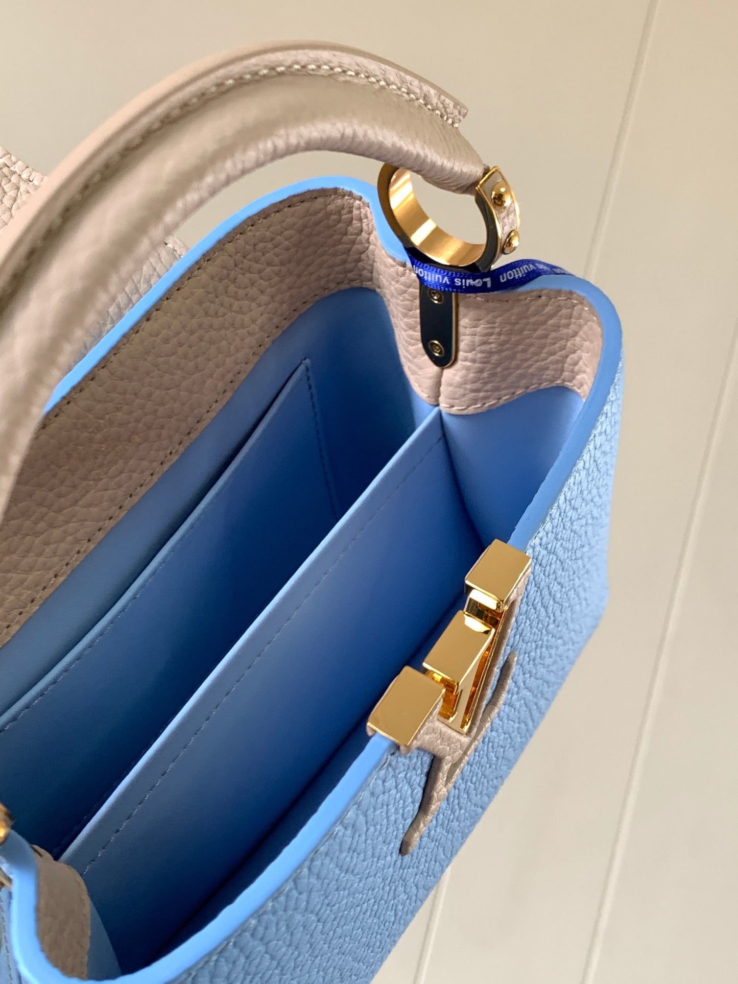 Louis Vuitton Capucines Mini  Bag In Blue With Beige Handle