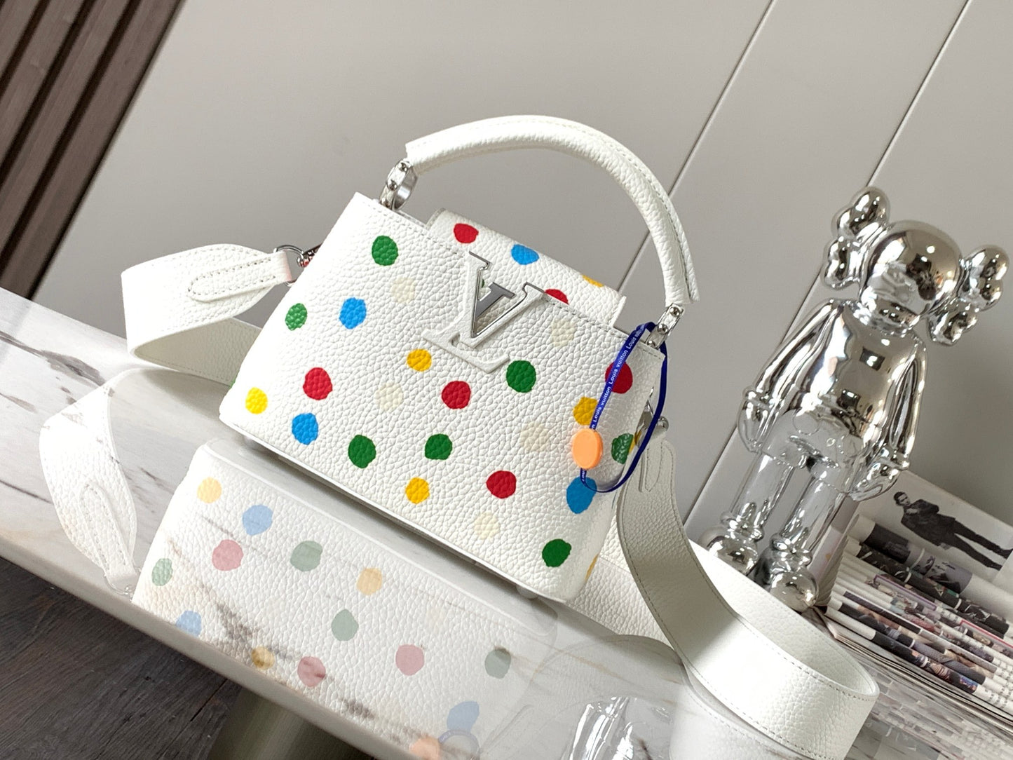 Louis Vuitton Capucines Mini  Bag In White With Colorful Polka Dots