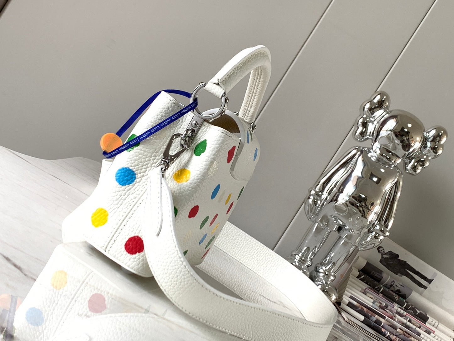 Louis Vuitton Capucines Mini  Bag In White With Colorful Polka Dots