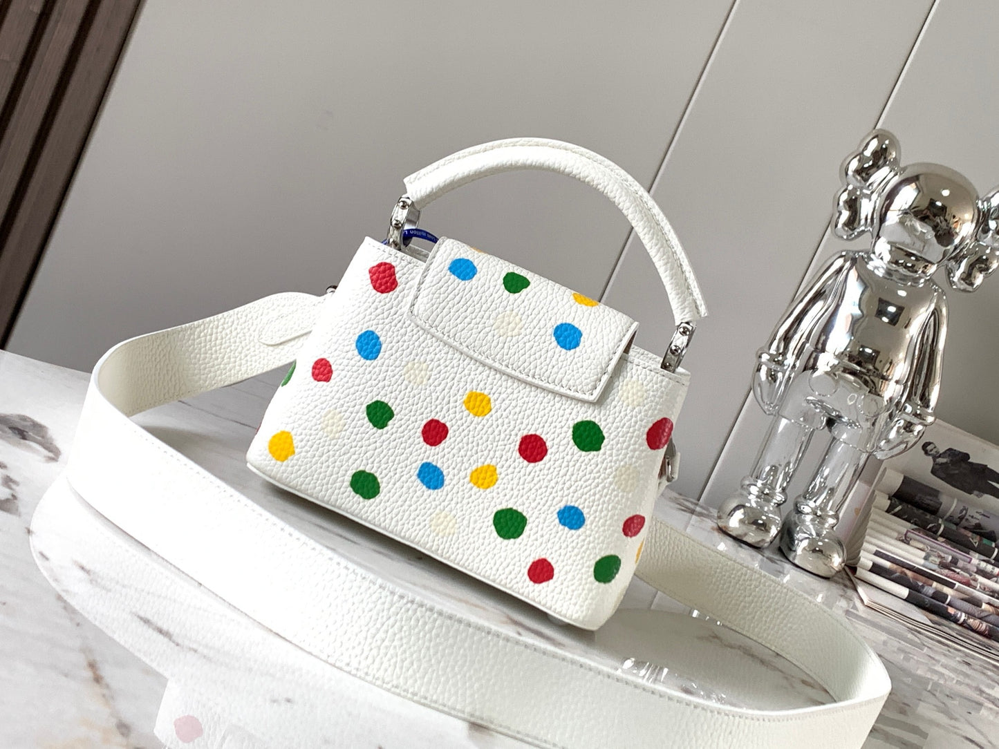 Louis Vuitton Capucines Mini  Bag In White With Colorful Polka Dots