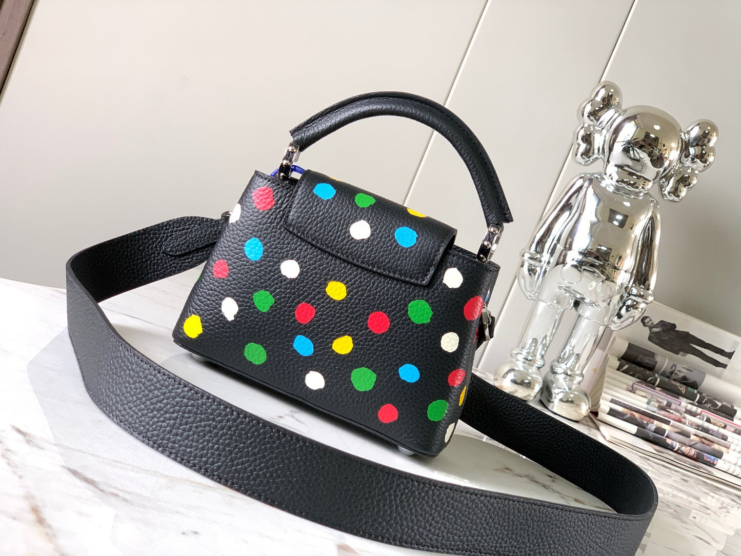 Louis Vuitton Capucines Mini  Bag In Black With Colorful Polka Dots