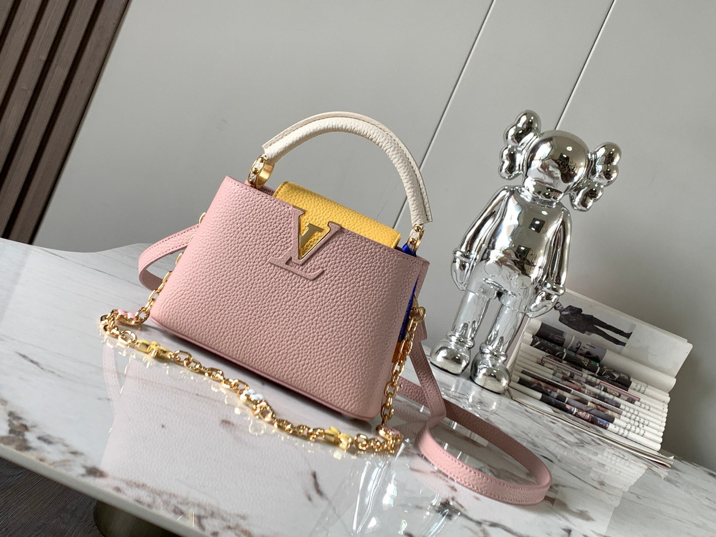 Louis Vuitton Capucines Mini  Bag In Pink With Yellow Lining