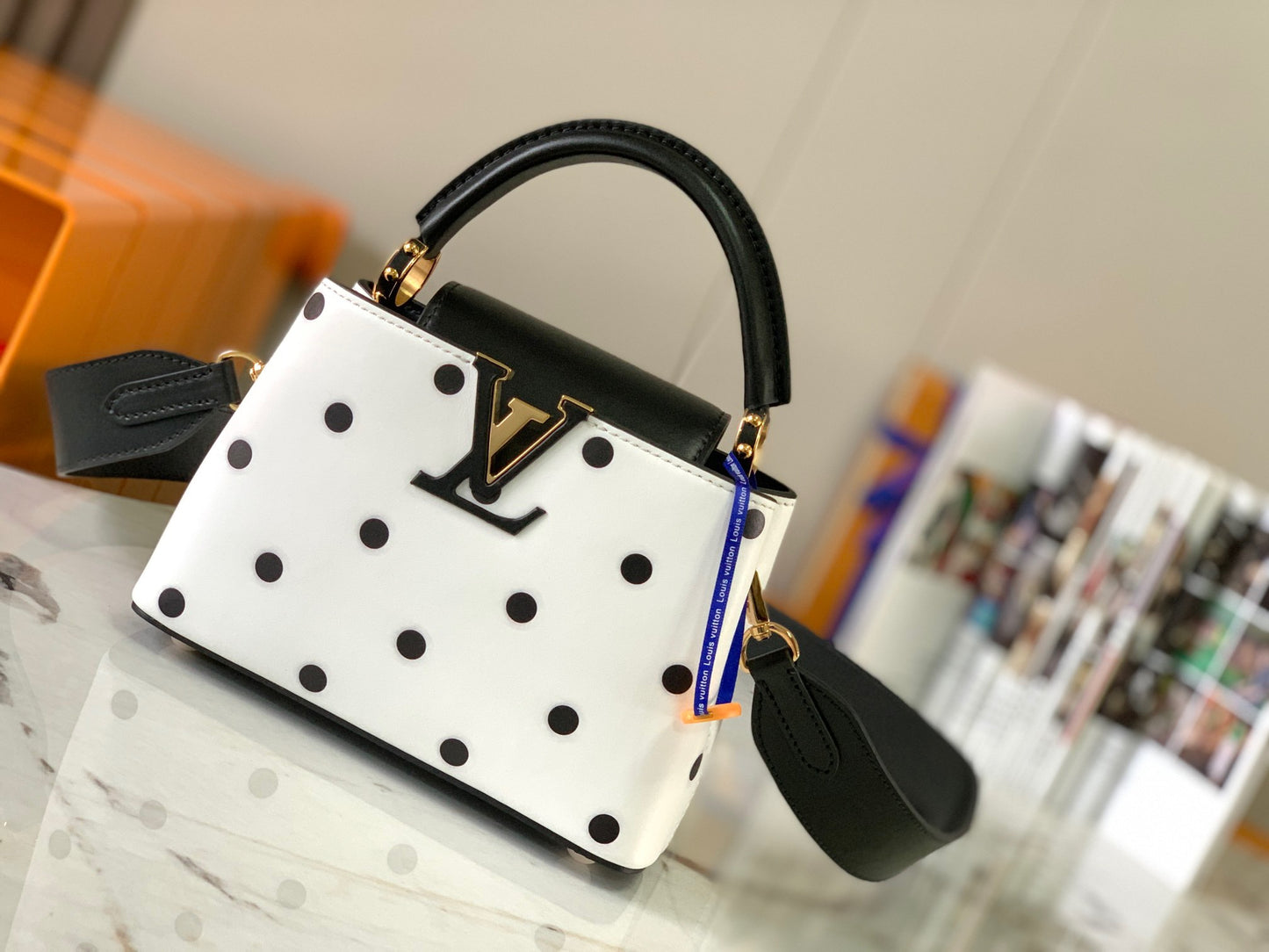 Louis Vuitton Capucines Mini  Bag In White With Black Polka Dots