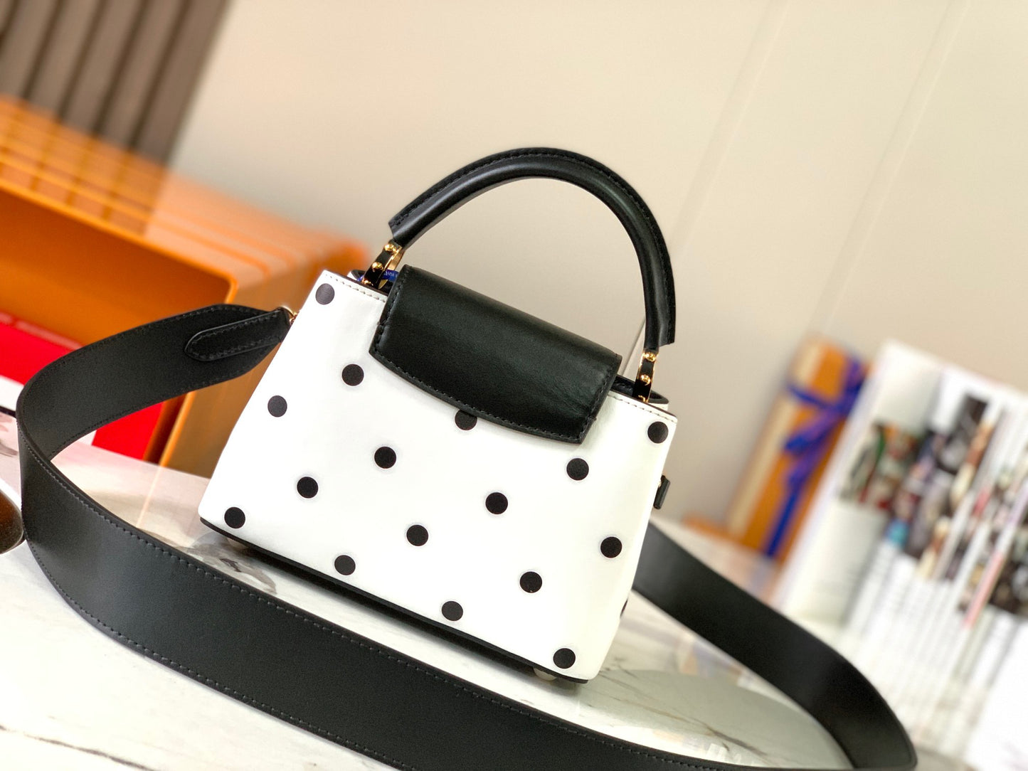 Louis Vuitton Capucines Mini  Bag In White With Black Polka Dots