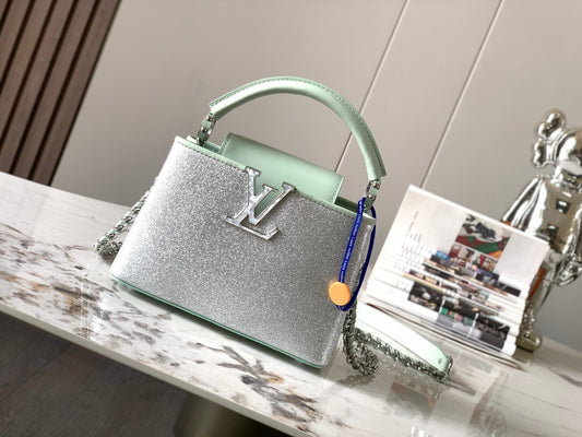 Louis Vuitton Capucines Mini  Bag In Silver With Green Lining