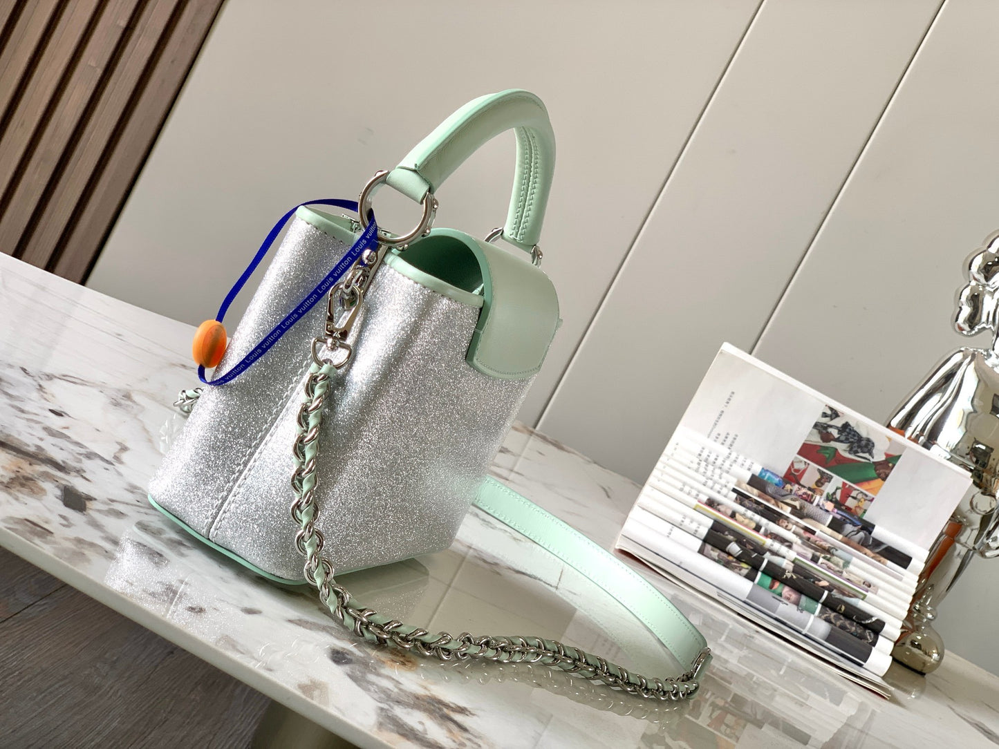 Louis Vuitton Capucines Mini  Bag In Silver With Green Lining