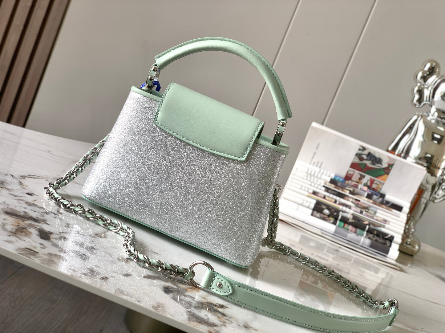 Louis Vuitton Capucines Mini  Bag In Silver With Green Lining