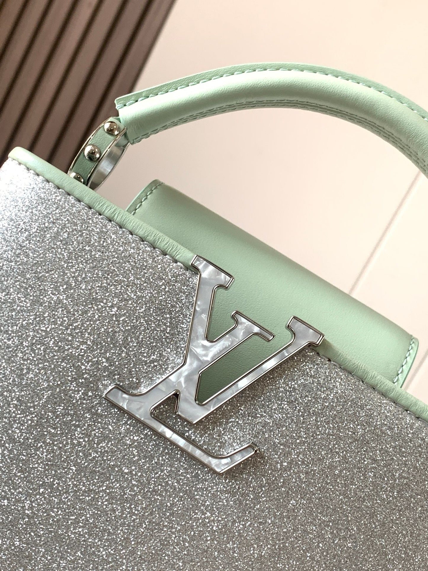 Louis Vuitton Capucines Mini  Bag In Silver With Green Lining