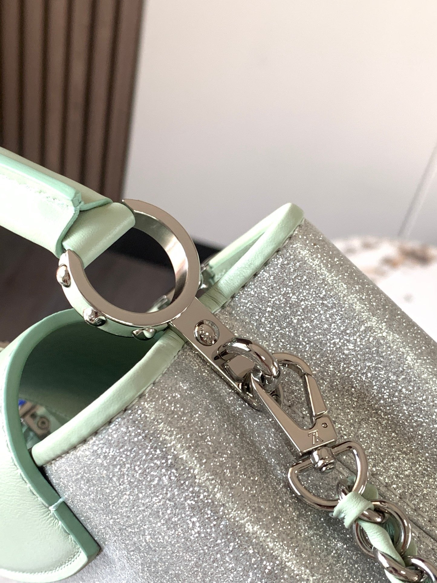 Louis Vuitton Capucines Mini  Bag In Silver With Green Lining