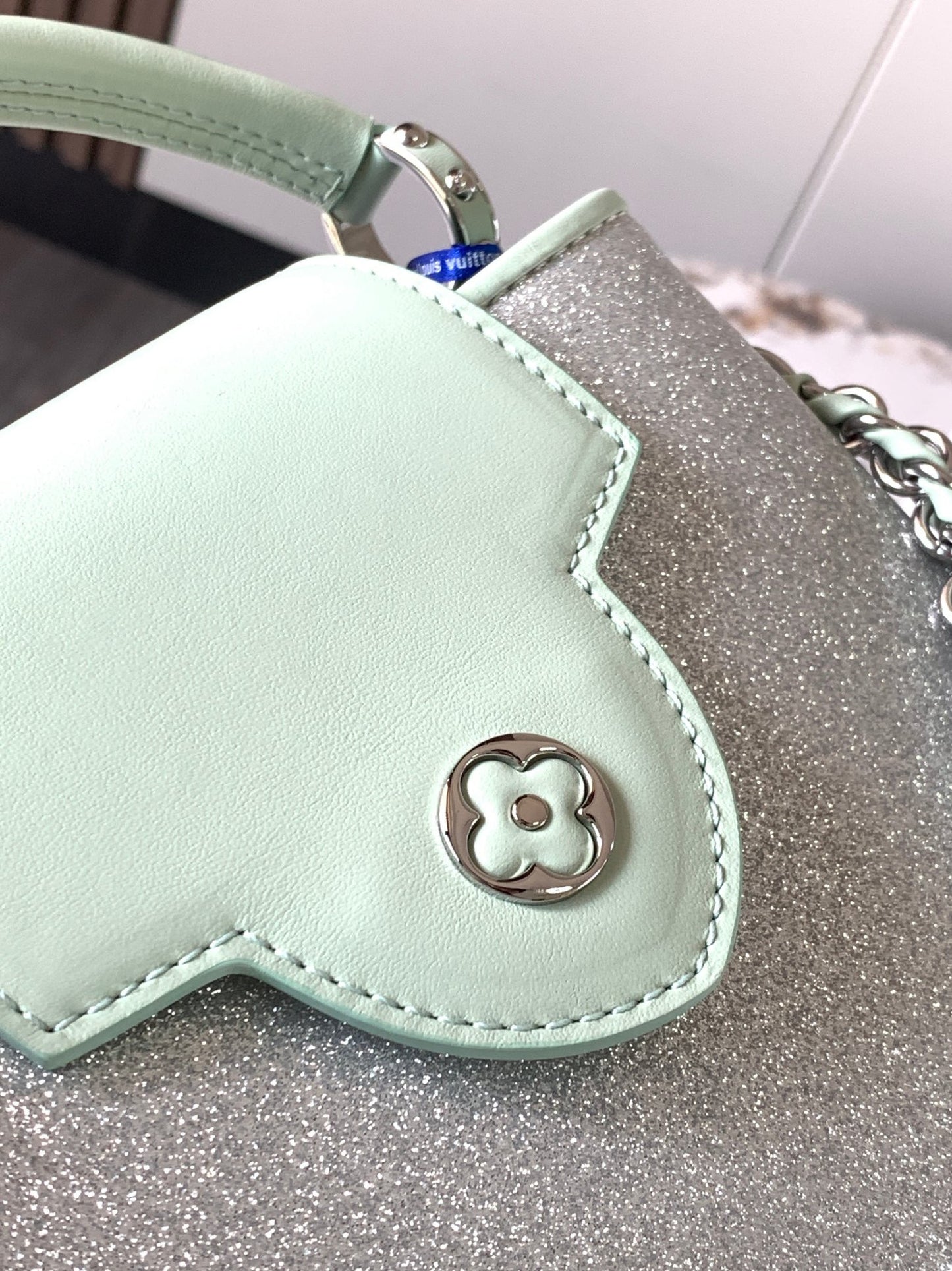 Louis Vuitton Capucines Mini  Bag In Silver With Green Lining