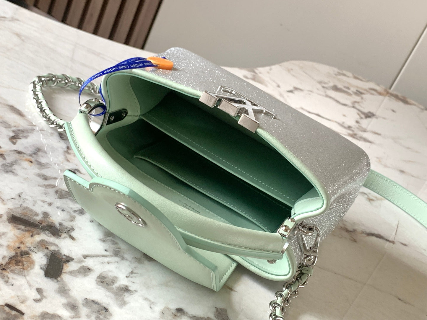 Louis Vuitton Capucines Mini  Bag In Silver With Green Lining