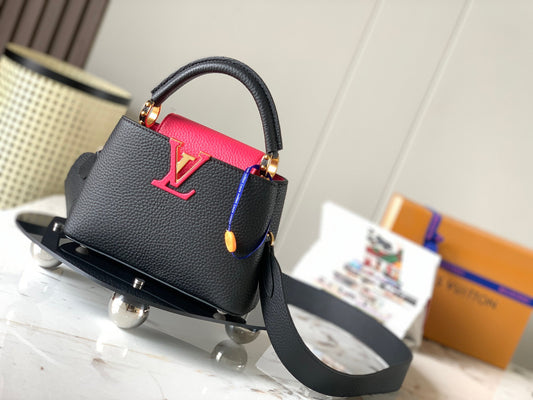 Louis Vuitton Capucines Mini  Bag In Black With Rose Red Lining