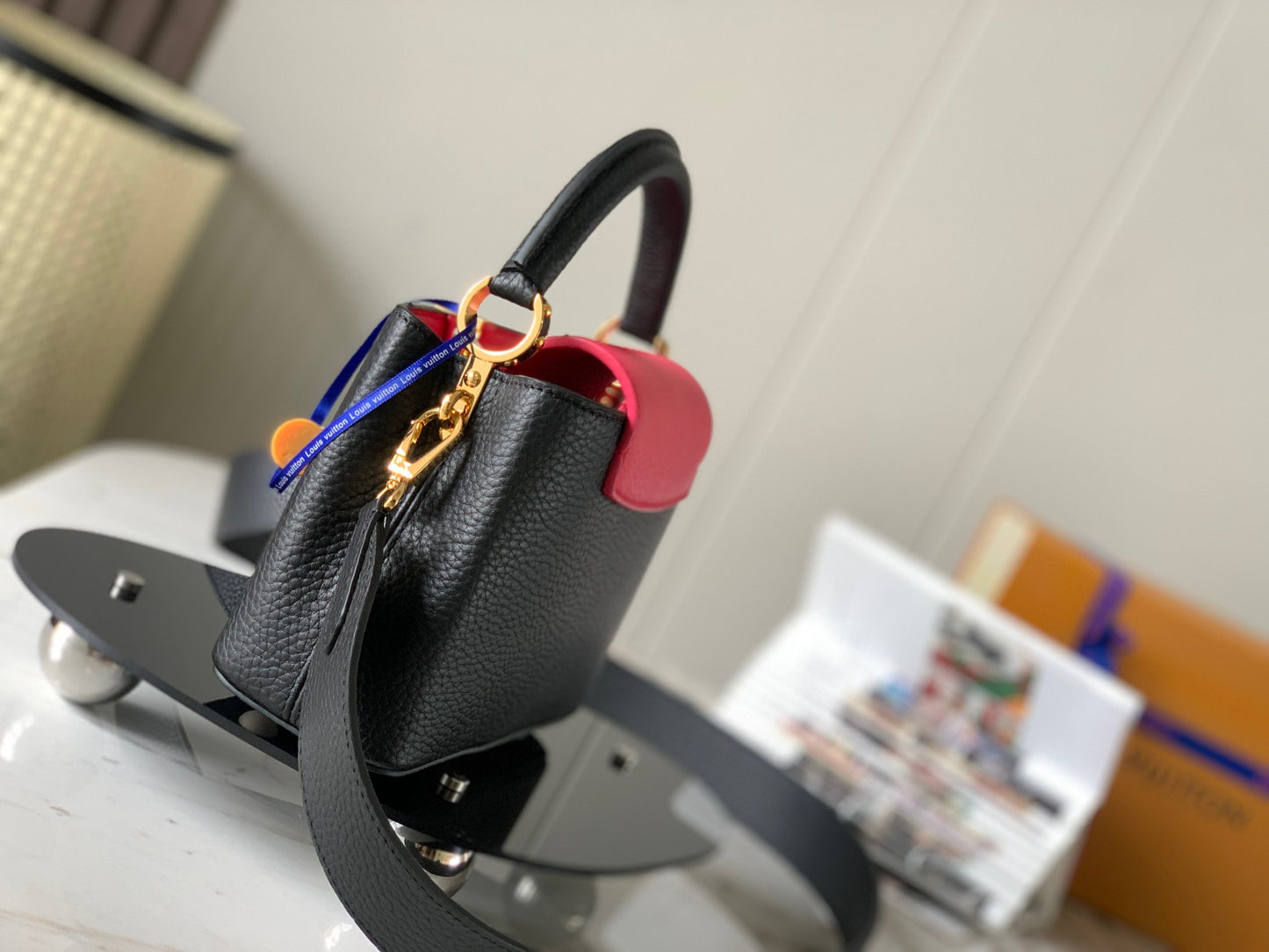 Louis Vuitton Capucines Mini  Bag In Black With Rose Red Lining