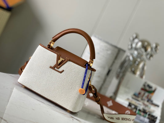 Louis Vuitton Capucines Mini  Bag In Beige With Brown Handle