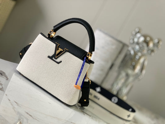 Louis Vuitton Capucines Mini  Bag In Beige With Black Handle