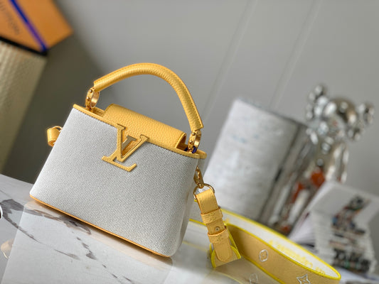 Louis Vuitton Capucines Mini  Bag In Beige With Yellow Handle