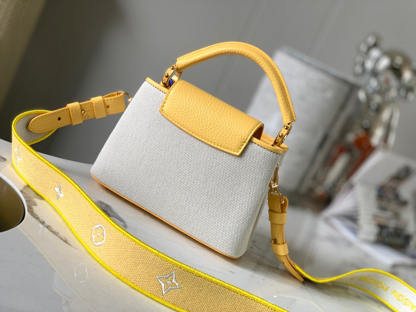 Louis Vuitton Capucines Mini  Bag In Beige With Yellow Handle