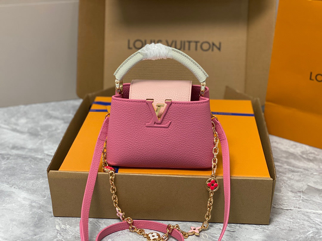 Louis Vuitton Capucines Mini  Bag In Rose Red With Beige Handle