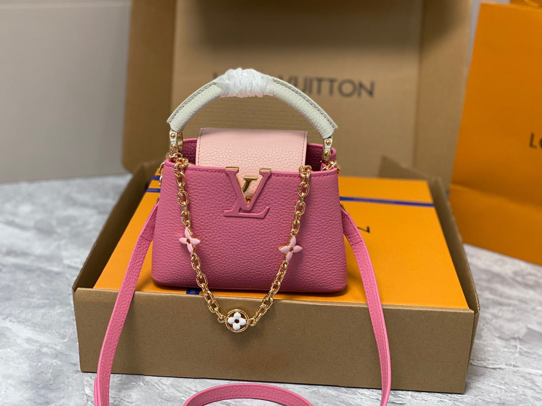 Louis Vuitton Capucines Mini  Bag In Rose Red With Beige Handle