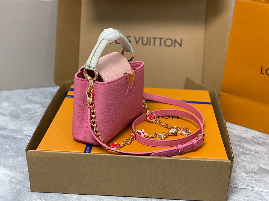 Louis Vuitton Capucines Mini  Bag In Rose Red With Beige Handle