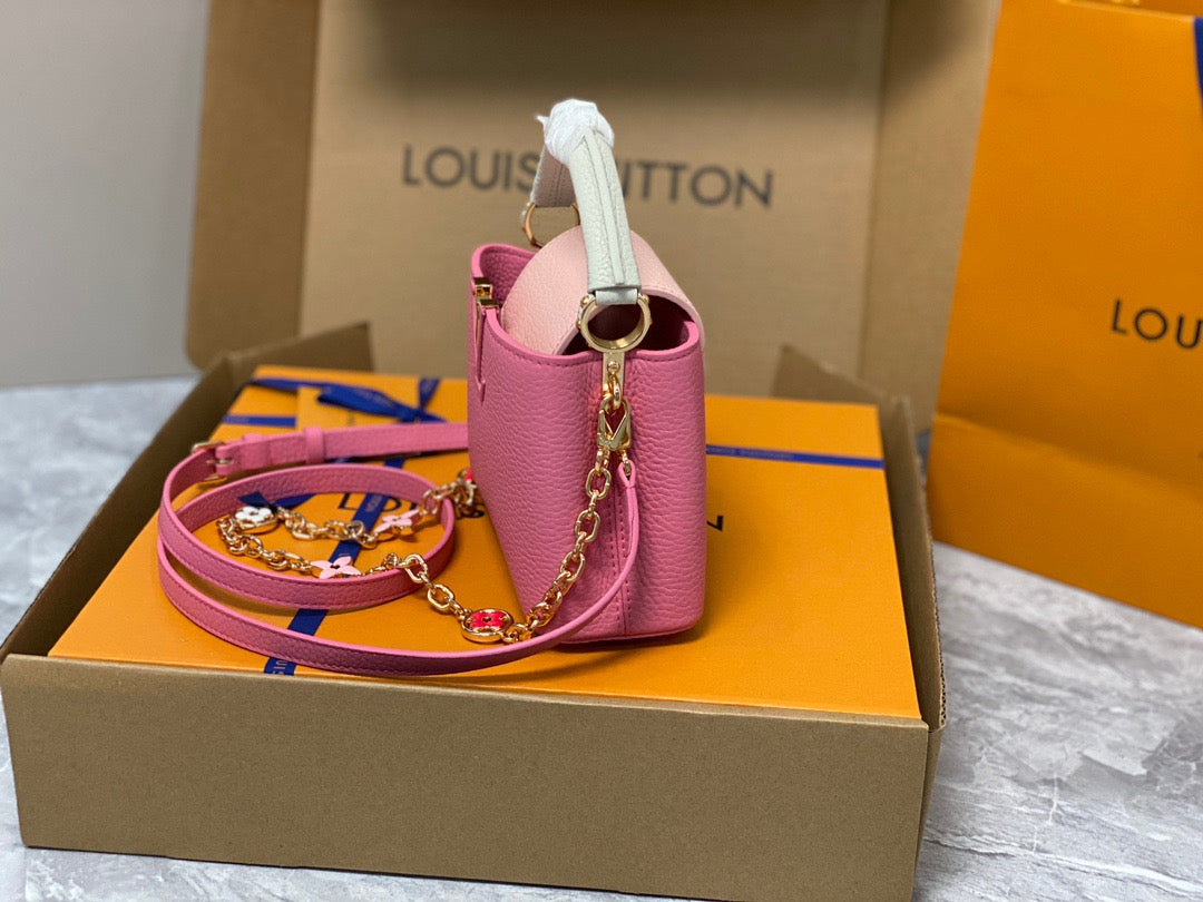 Louis Vuitton Capucines Mini  Bag In Rose Red With Beige Handle