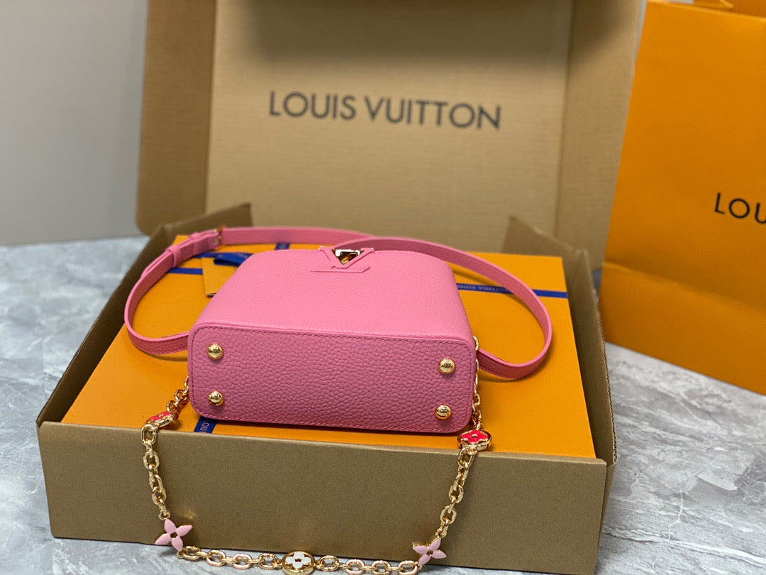 Louis Vuitton Capucines Mini  Bag In Rose Red With Beige Handle