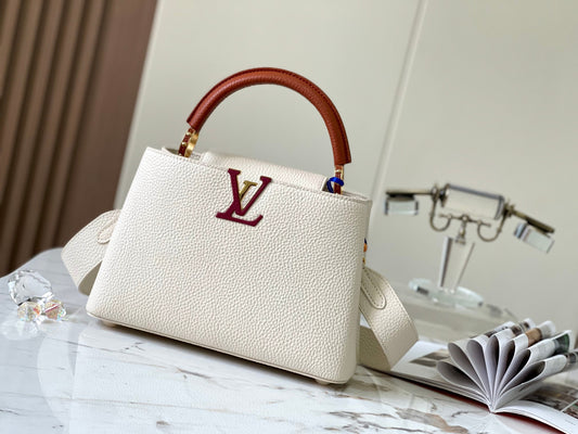 Louis Vuitton Capucines Small  Bag In White With Red Handle